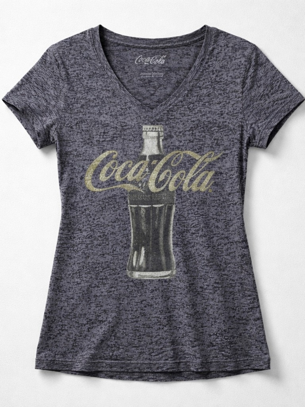 Coca Cola Women's Gray Marled V-Neck Tee with Vintage Bottle Graphic